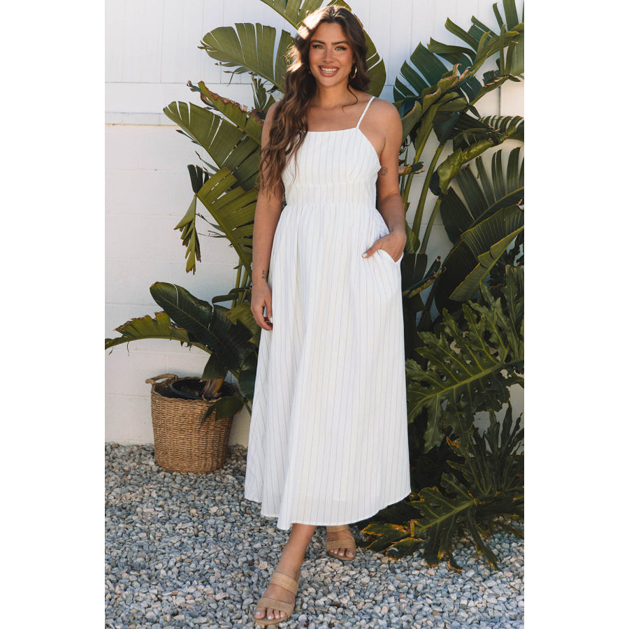 Beige Stripe Spaghetti Strap Pocketed High Waist Maxi Dress Beige Stripe / S / 65% Polyester + 35% Cotton Dresses/Maxi Dresses