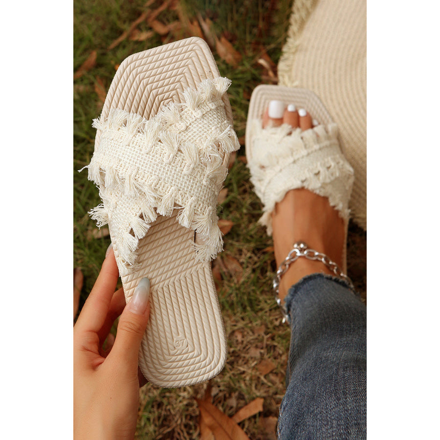 Beige Tassel Woven Crossed Straps Flat Slippers Shoes & Bags/Slippers
