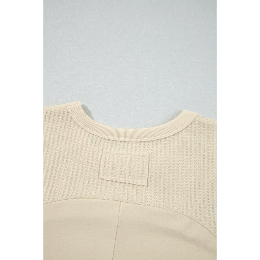 Beige Thermal Knit Patchwork Exposed Seam Long Sleeve Top Tops/Long Sleeve Tops