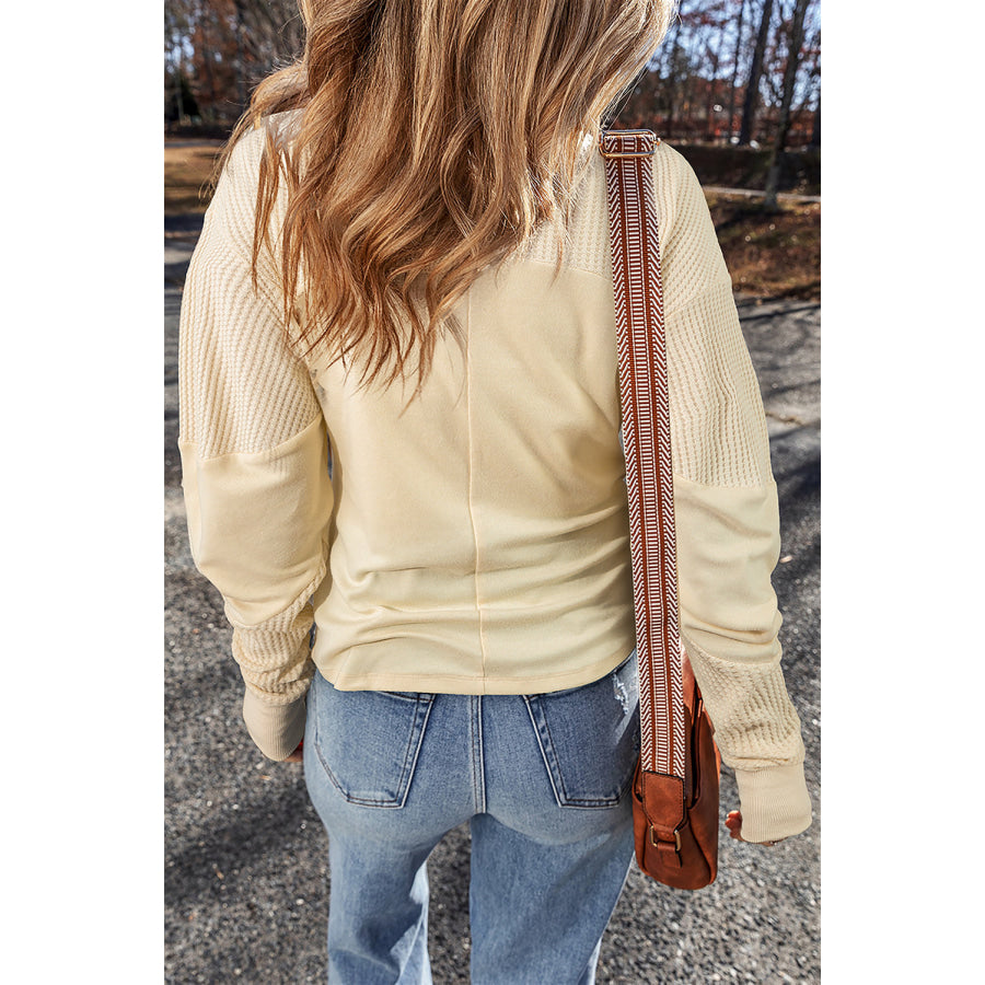 Beige Thermal Knit Patchwork Exposed Seam Long Sleeve Top Tops/Long Sleeve Tops