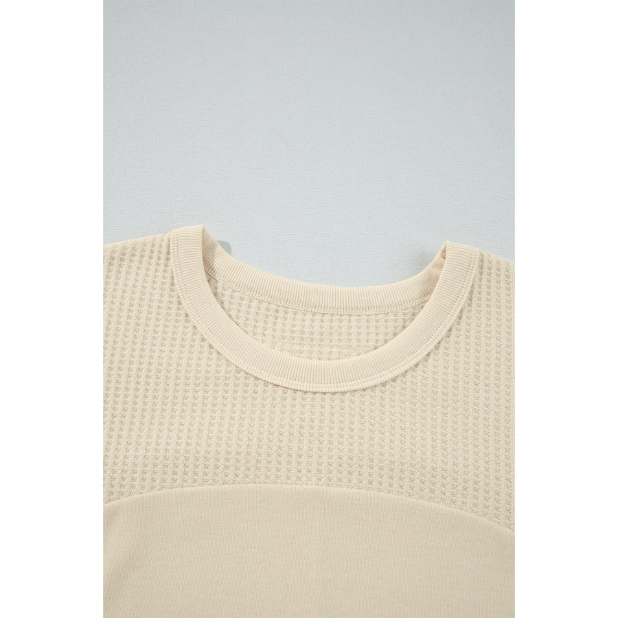 Beige Thermal Knit Patchwork Exposed Seam Long Sleeve Top Tops/Long Sleeve Tops