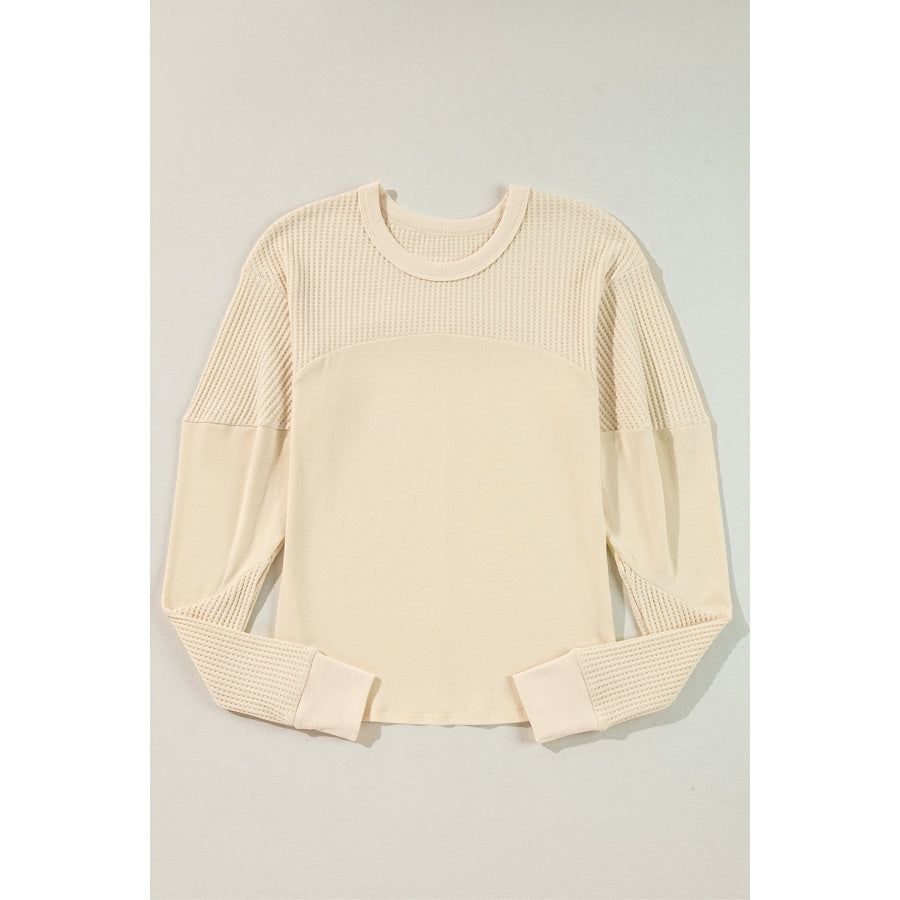 Beige Thermal Knit Patchwork Exposed Seam Long Sleeve Top Tops/Long Sleeve Tops