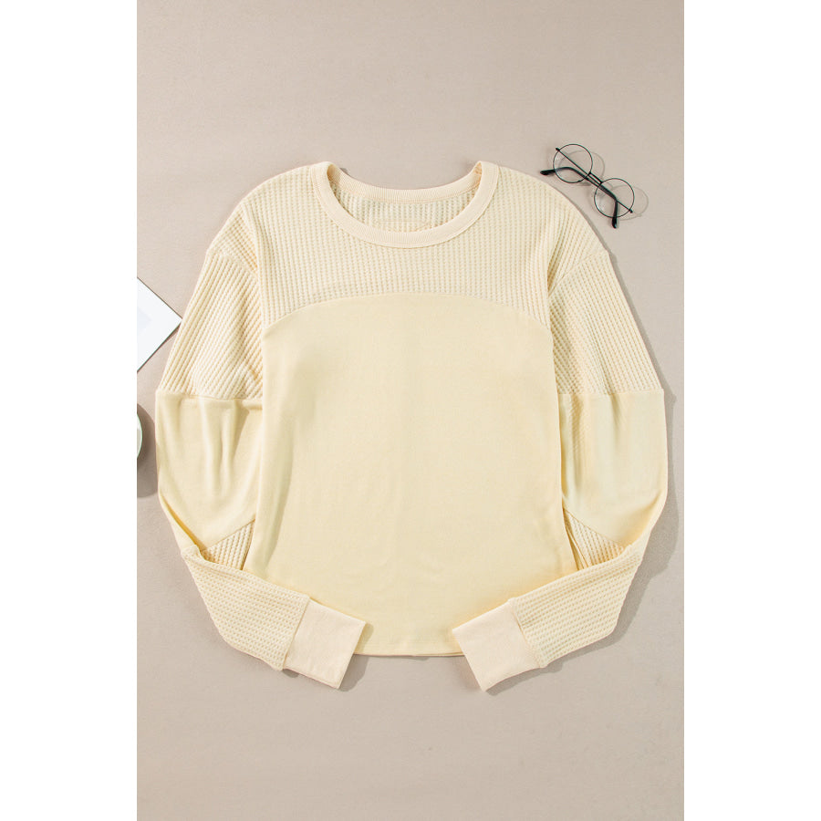 Beige Thermal Knit Patchwork Exposed Seam Long Sleeve Top Tops/Long Sleeve Tops