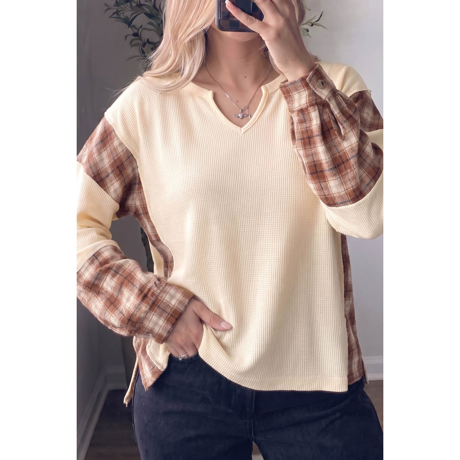 Beige Waffle Textured V Neck Plaid Colorblock Drop Shoulder Long Sleeve Top Beige / S / 75% Polyester + 25% Cotton Tops/Long Sleeve Tops