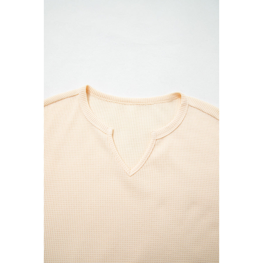 Beige Waffle Textured V Neck Plaid Colorblock Drop Shoulder Long Sleeve Top Tops/Long Sleeve Tops