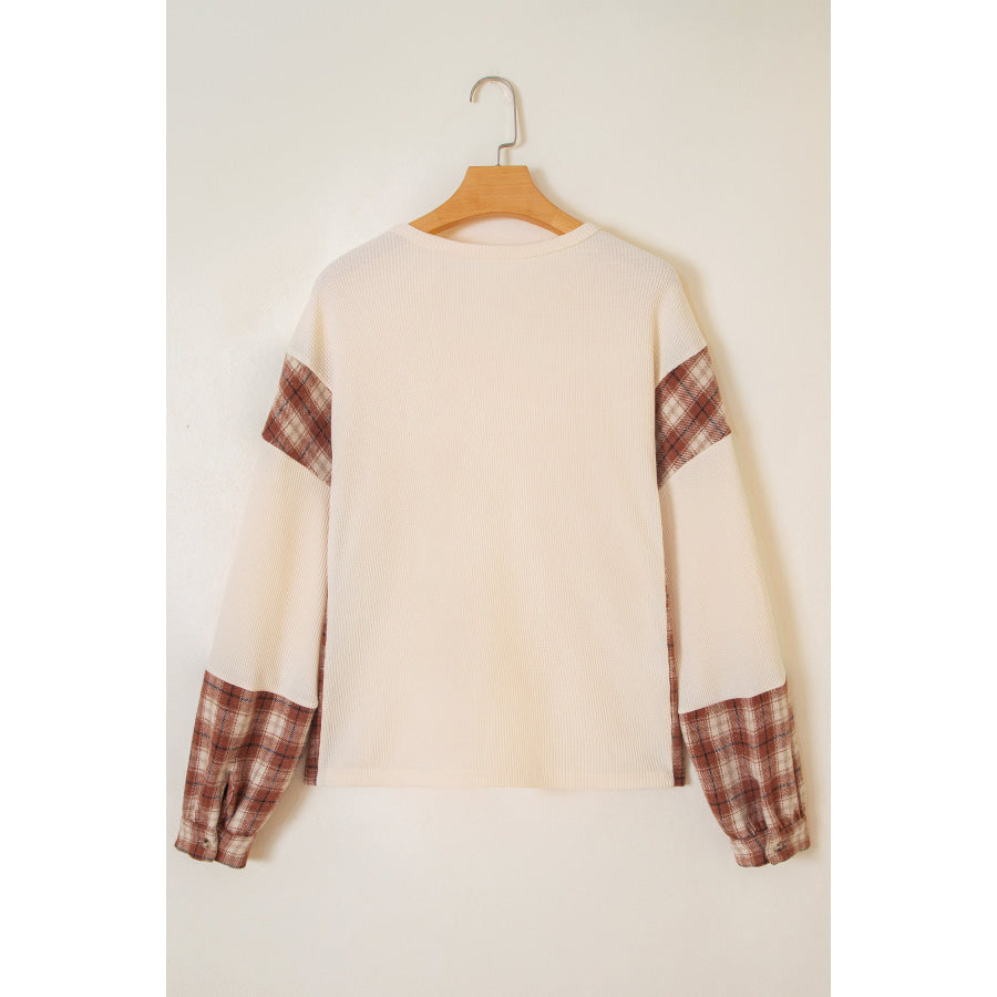 Beige Waffle Textured V Neck Plaid Colorblock Drop Shoulder Long Sleeve Top Tops/Long Sleeve Tops