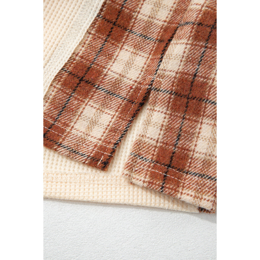 Beige Waffle Textured V Neck Plaid Colorblock Drop Shoulder Long Sleeve Top Tops/Long Sleeve Tops