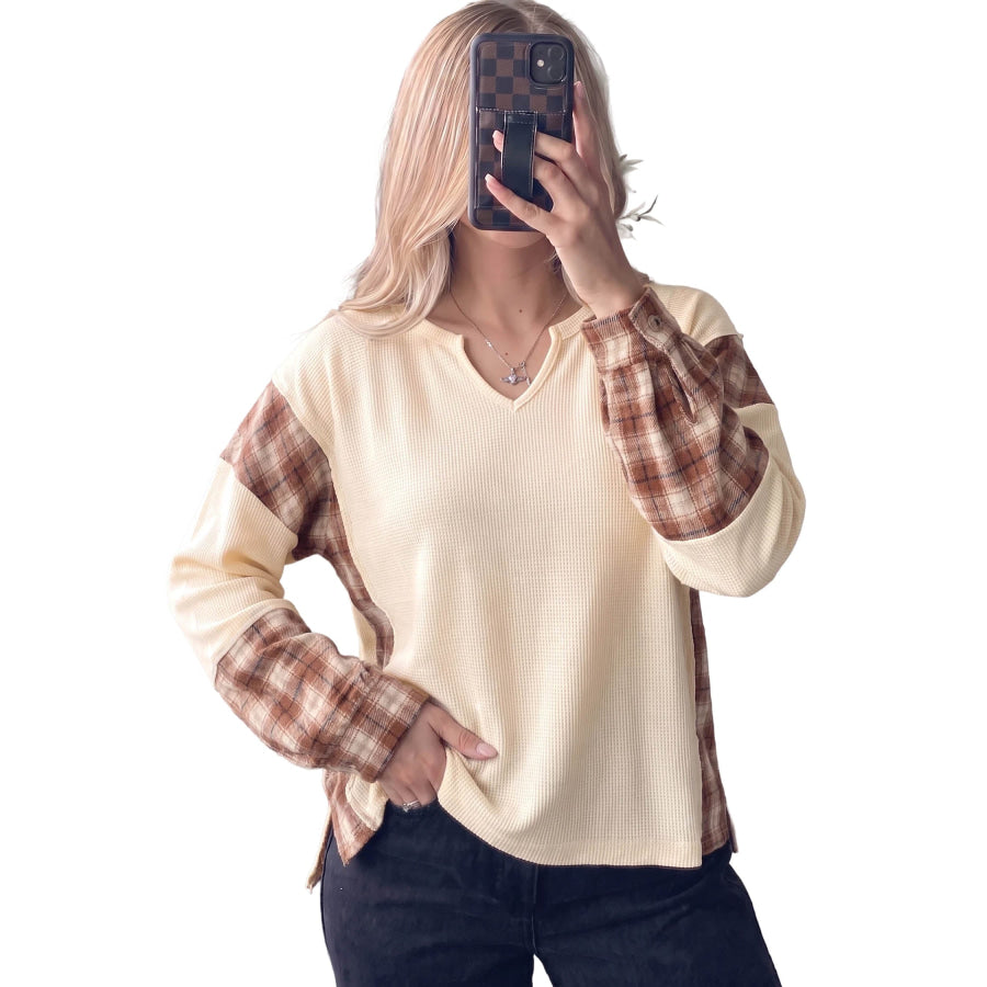 Beige Waffle Textured V Neck Plaid Colorblock Drop Shoulder Long Sleeve Top Tops/Long Sleeve Tops