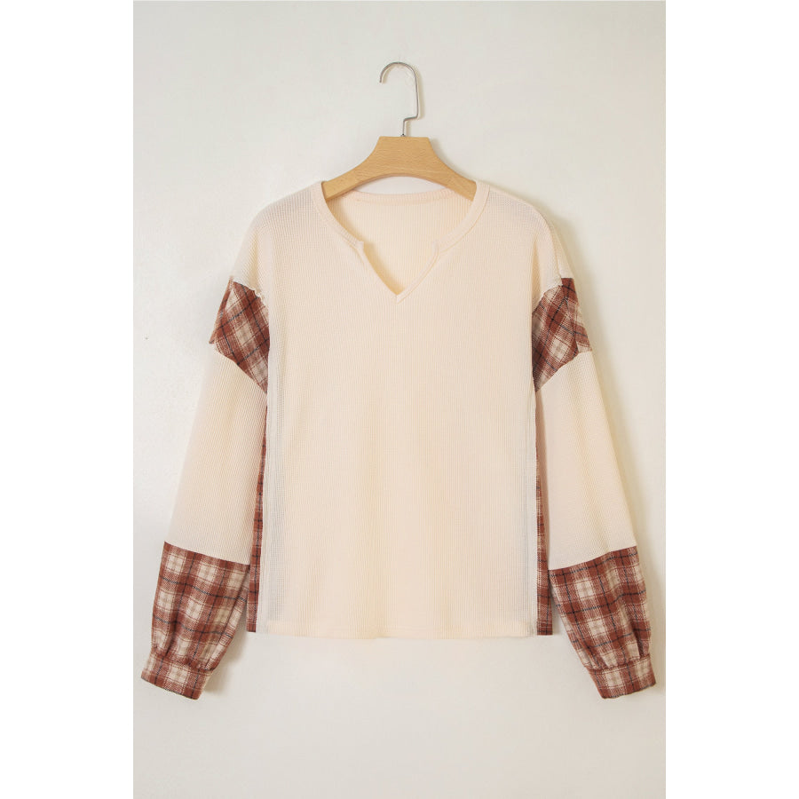 Beige Waffle Textured V Neck Plaid Colorblock Drop Shoulder Long Sleeve Top Tops/Long Sleeve Tops