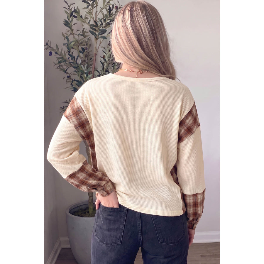 Beige Waffle Textured V Neck Plaid Colorblock Drop Shoulder Long Sleeve Top Tops/Long Sleeve Tops