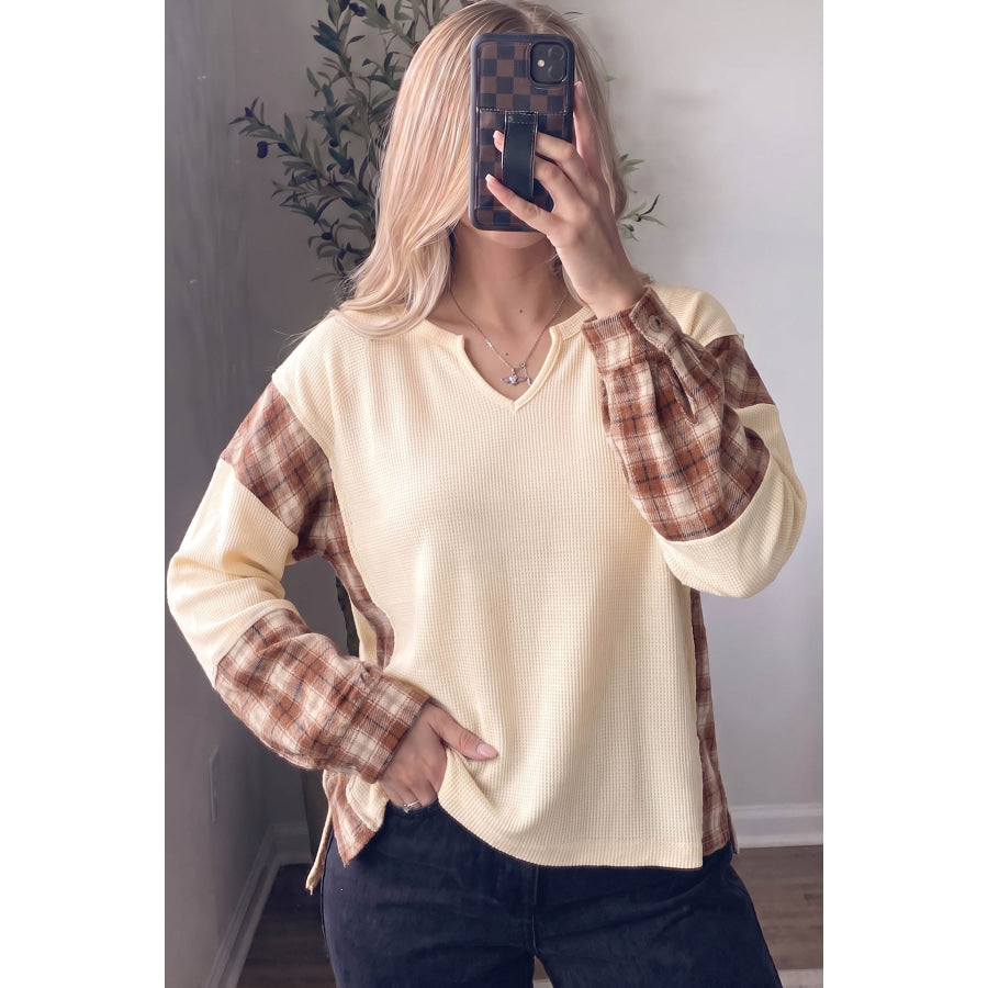 Beige Waffle Textured V Neck Plaid Colorblock Drop Shoulder Long Sleeve Top Tops/Long Sleeve Tops
