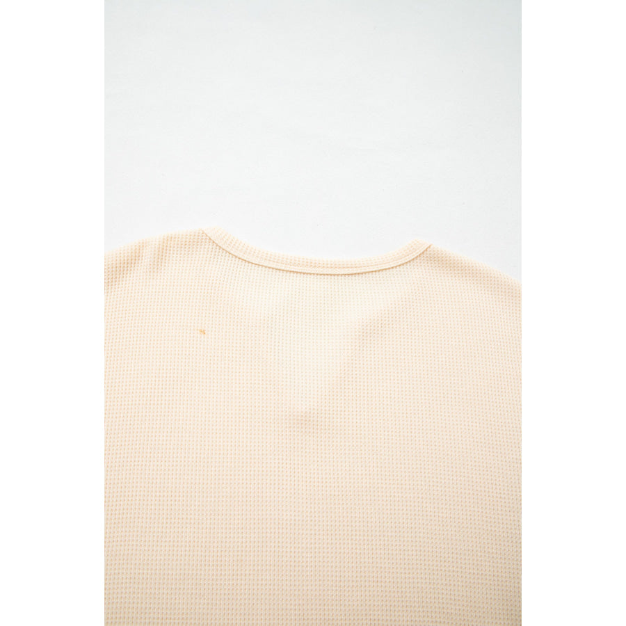 Beige Waffle Textured V Neck Plaid Colorblock Drop Shoulder Long Sleeve Top Tops/Long Sleeve Tops