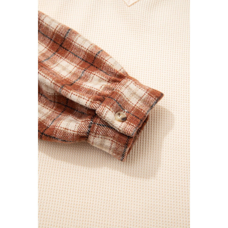 Beige Waffle Textured V Neck Plaid Colorblock Drop Shoulder Long Sleeve Top Tops/Long Sleeve Tops