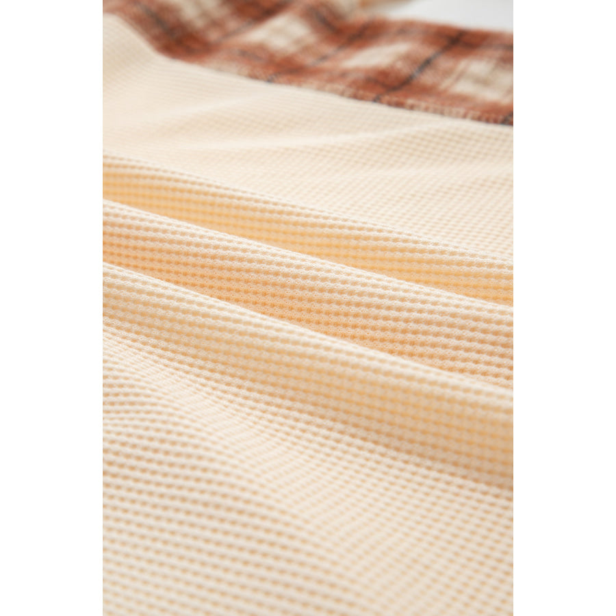 Beige Waffle Textured V Neck Plaid Colorblock Drop Shoulder Long Sleeve Top Tops/Long Sleeve Tops