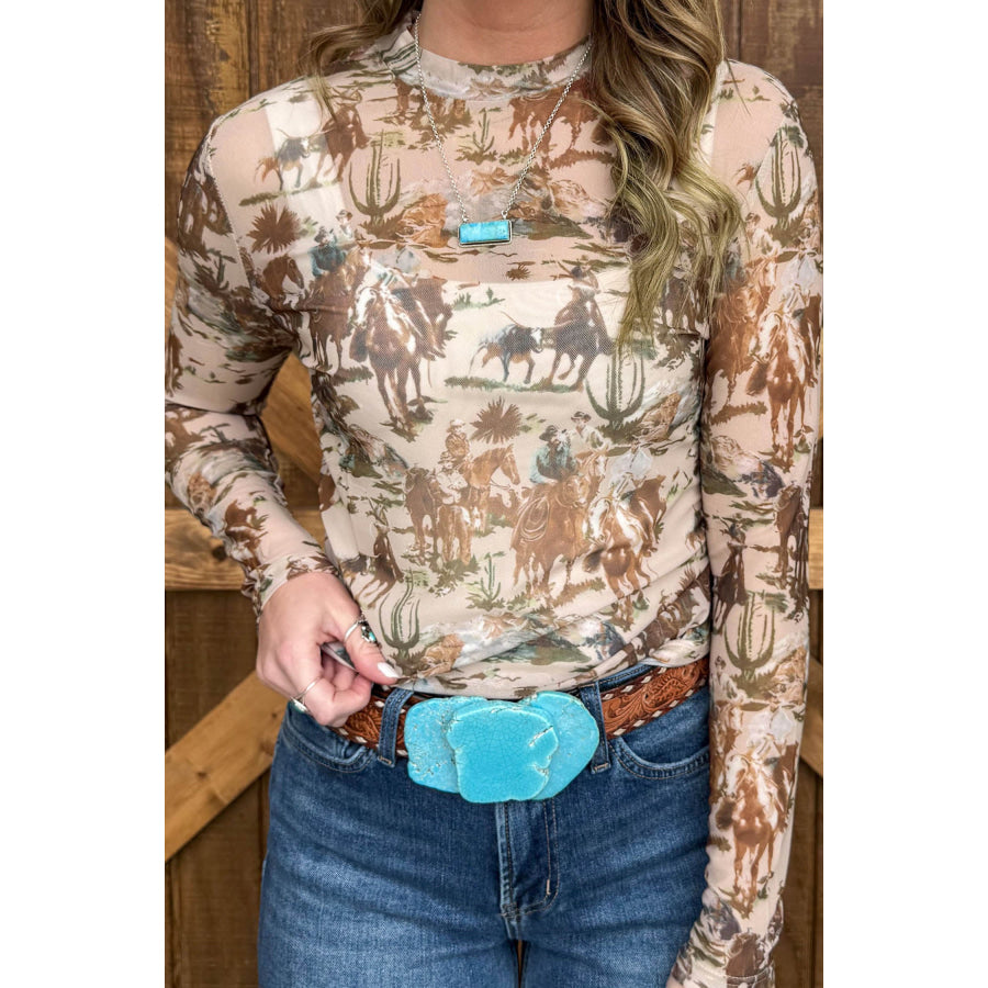 Beige Western Cowboy Floral Print Sheer Mesh Long Sleeve Top Brown / S Tops/Long Sleeve Tops