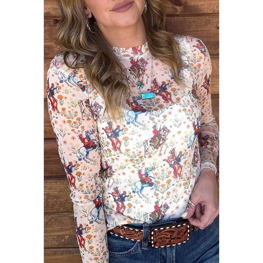 Beige Western Cowboy Floral Print Sheer Mesh Long Sleeve Top Beige / S Tops/Long Sleeve Tops