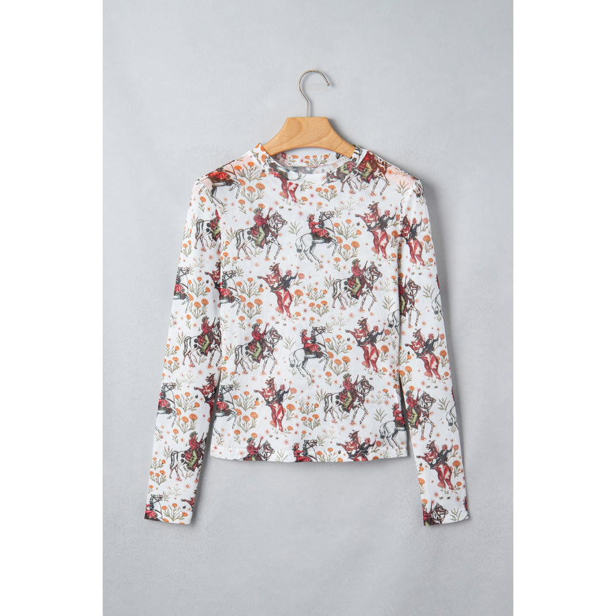 Beige Western Cowboy Floral Print Sheer Mesh Long Sleeve Top Tops/Long Sleeve Tops