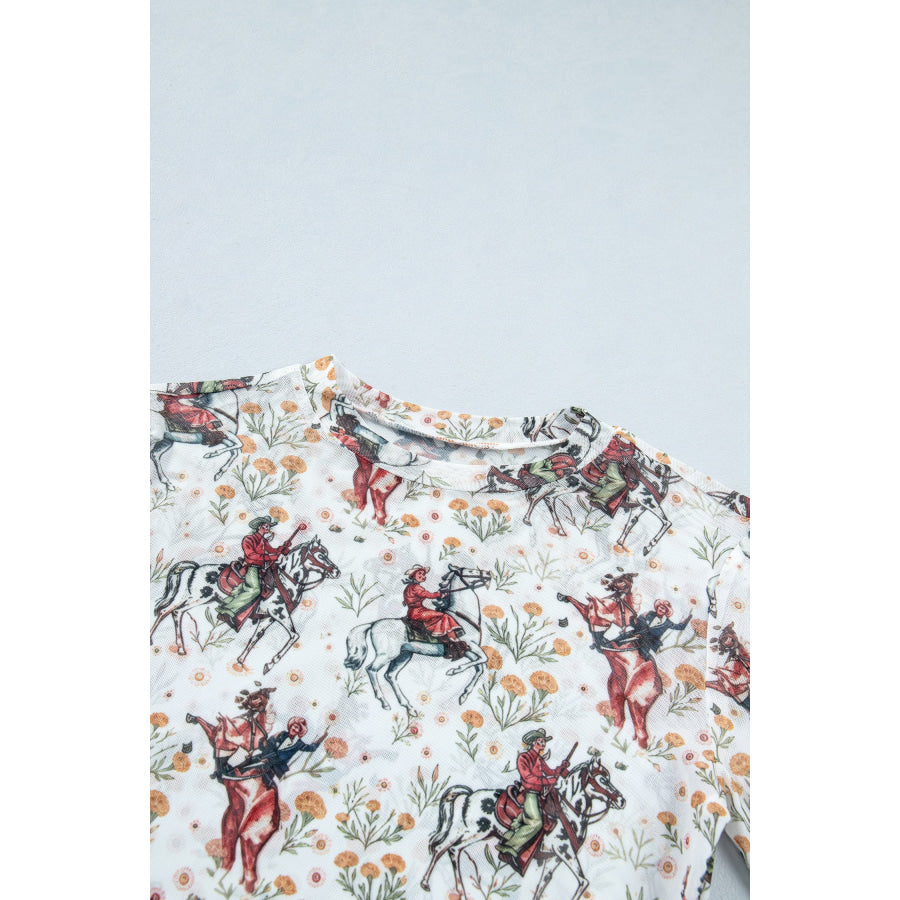 Beige Western Cowboy Floral Print Sheer Mesh Long Sleeve Top Tops/Long Sleeve Tops
