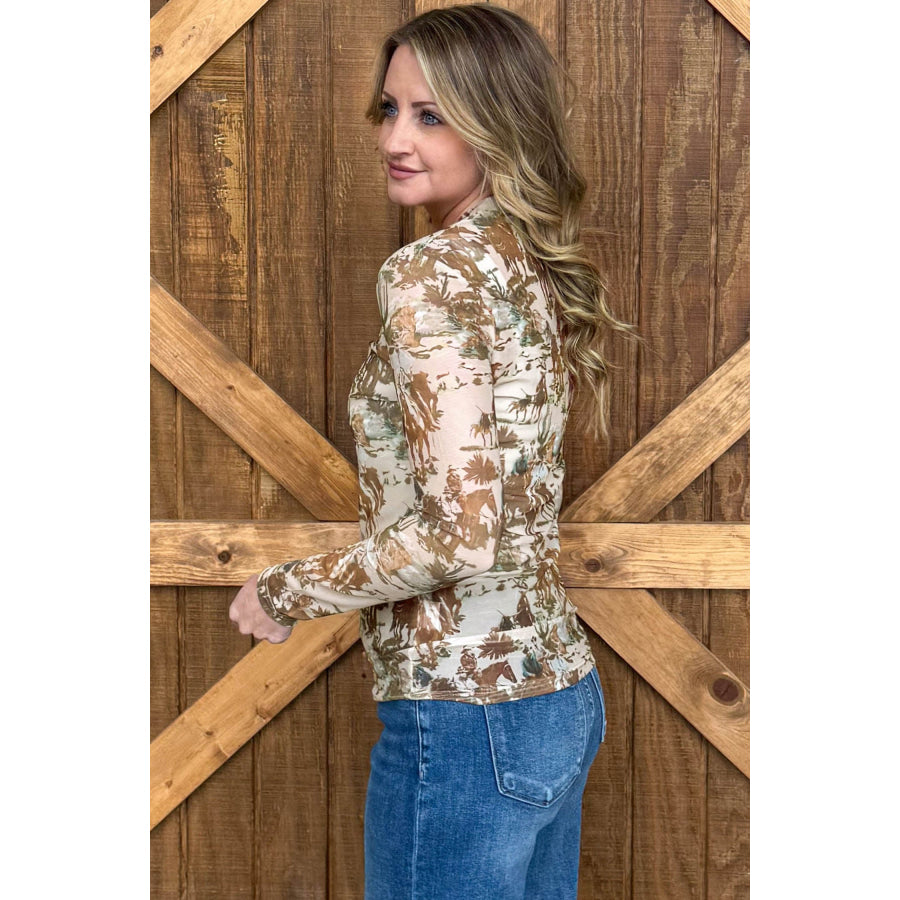 Beige Western Cowboy Floral Print Sheer Mesh Long Sleeve Top Tops/Long Sleeve Tops