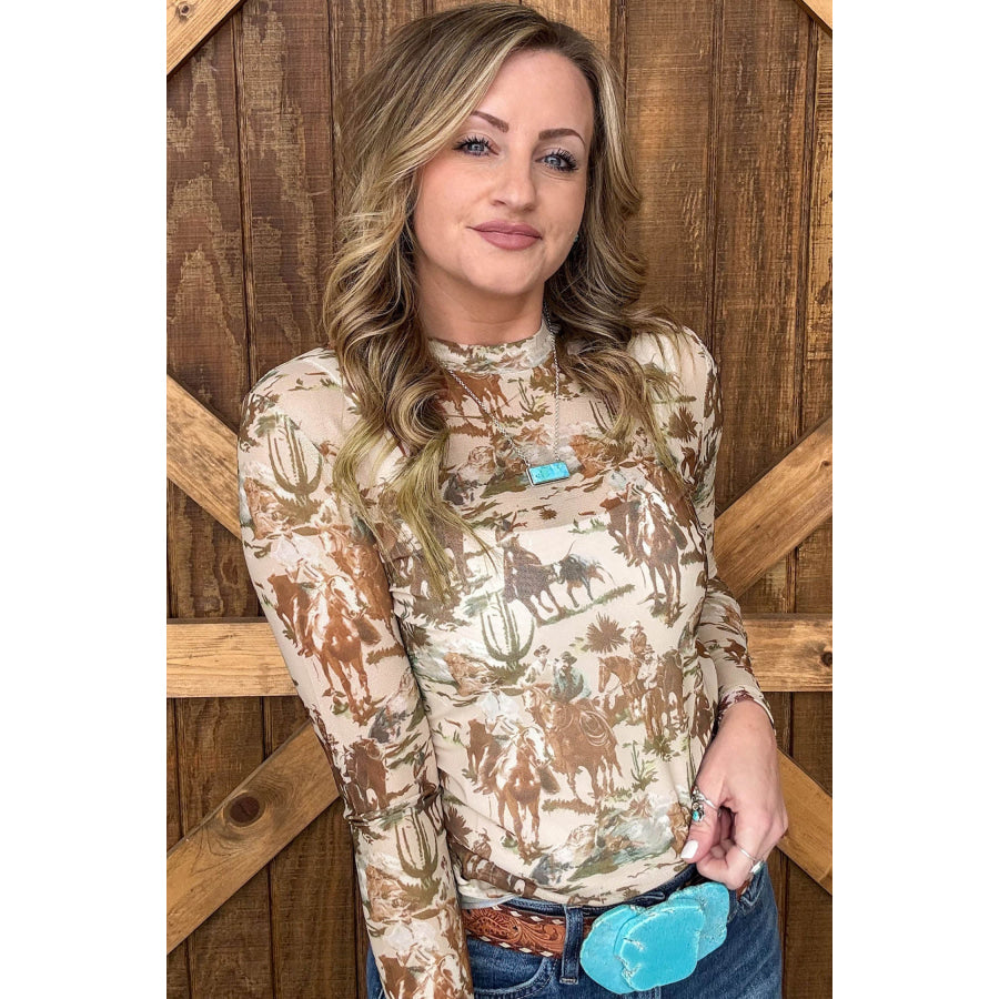 Beige Western Cowboy Floral Print Sheer Mesh Long Sleeve Top Tops/Long Sleeve Tops