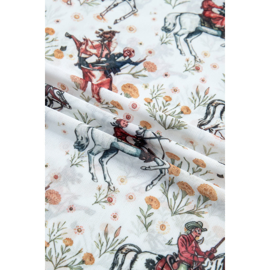 Beige Western Cowboy Floral Print Sheer Mesh Long Sleeve Top Tops/Long Sleeve Tops