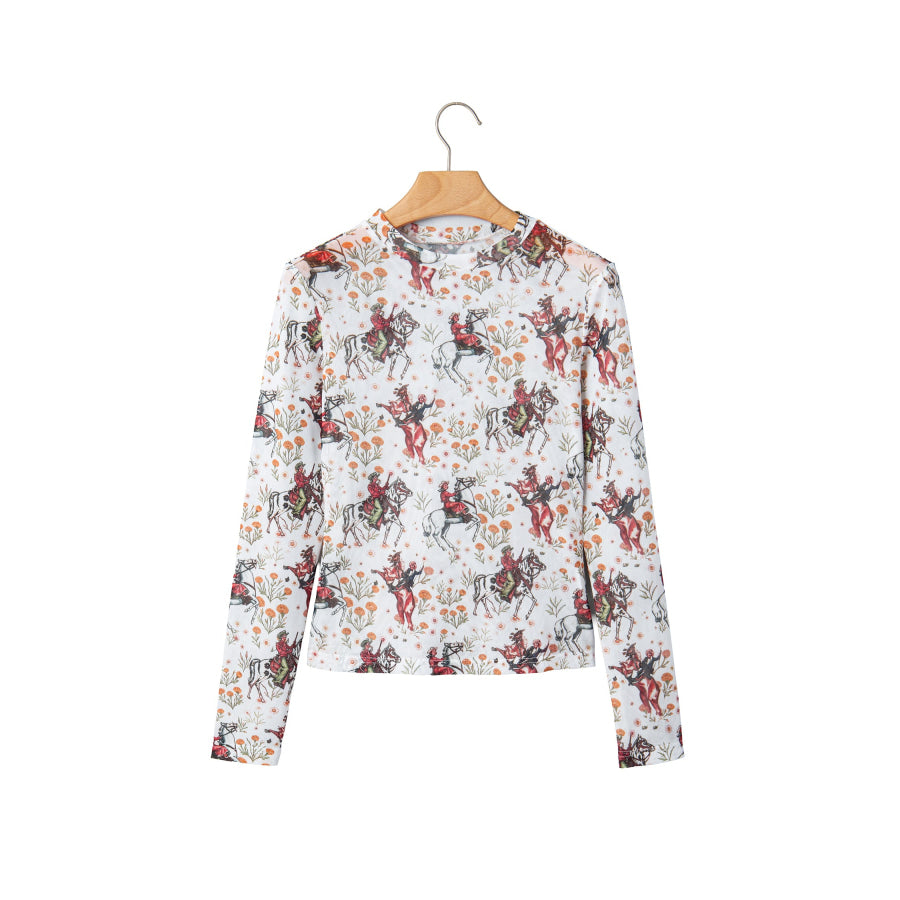 Beige Western Cowboy Floral Print Sheer Mesh Long Sleeve Top Tops/Long Sleeve Tops