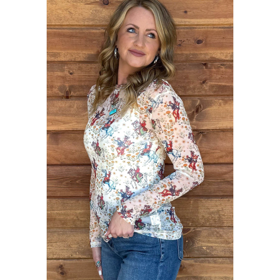 Beige Western Cowboy Floral Print Sheer Mesh Long Sleeve Top Tops/Long Sleeve Tops
