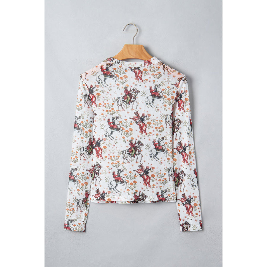 Beige Western Cowboy Floral Print Sheer Mesh Long Sleeve Top Tops/Long Sleeve Tops