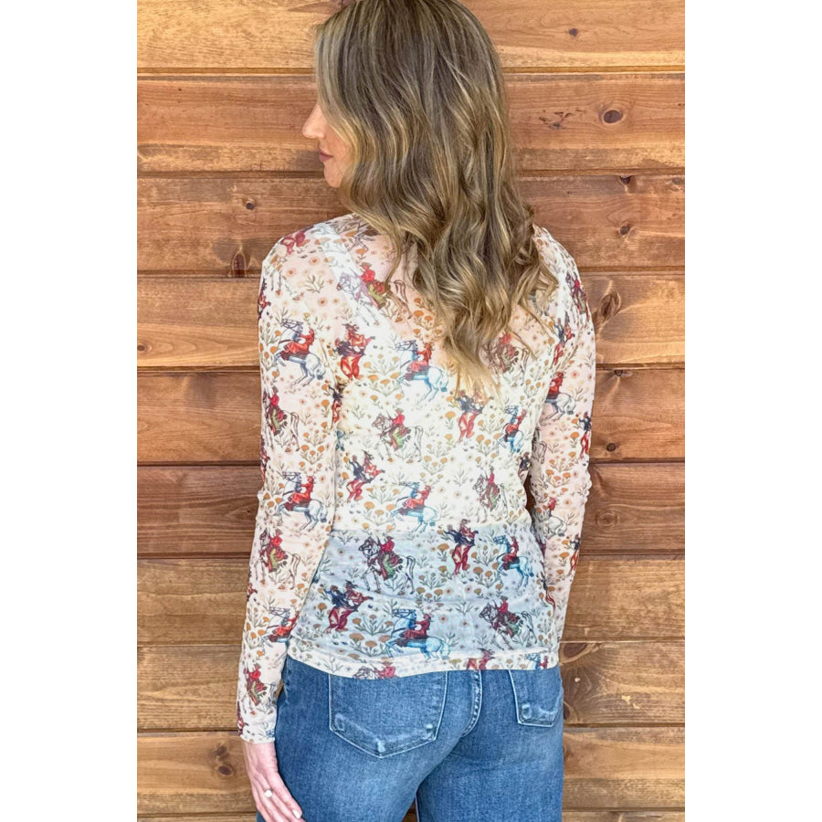 Beige Western Cowboy Floral Print Sheer Mesh Long Sleeve Top Beige / S Tops/Long Sleeve Tops