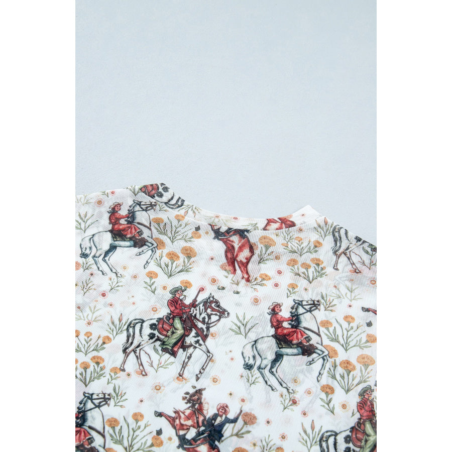 Beige Western Cowboy Floral Print Sheer Mesh Long Sleeve Top Tops/Long Sleeve Tops
