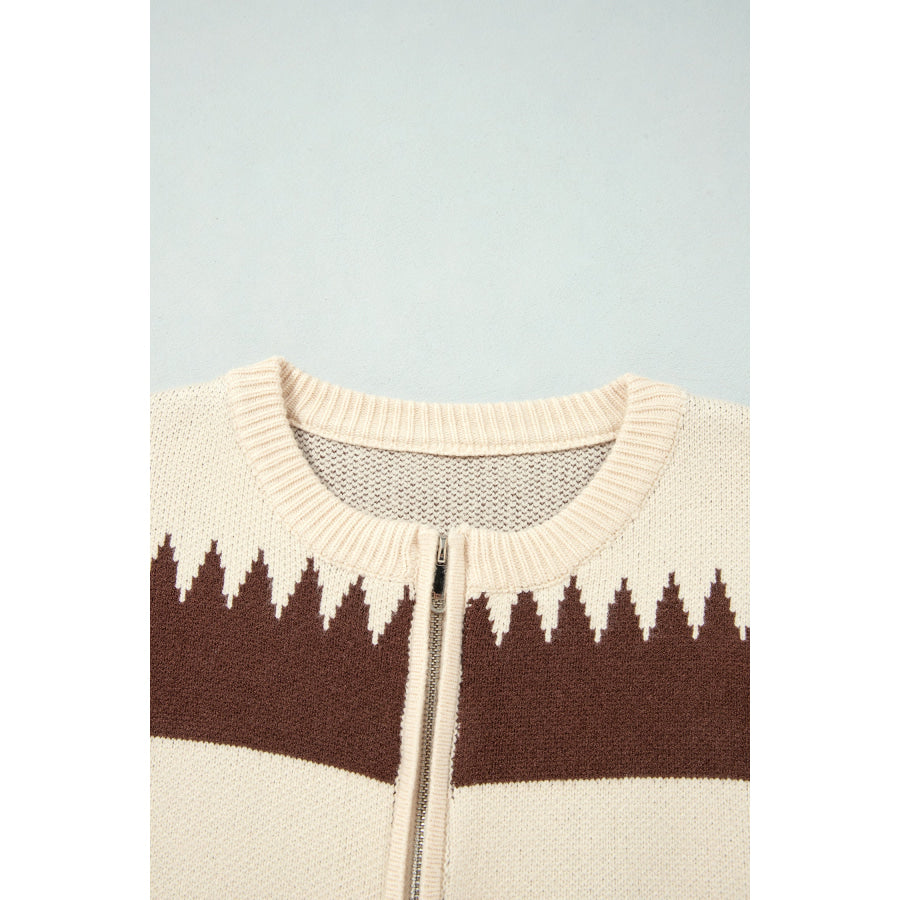 Beige Western Geometric Print Zip Front Loose Sweater Cardigan Sweaters & Cardigans/Cardigans