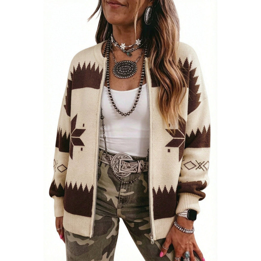 Beige Western Geometric Print Zip Front Loose Sweater Cardigan Sweaters & Cardigans/Cardigans