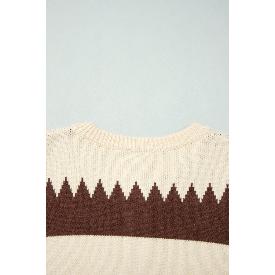 Beige Western Geometric Print Zip Front Loose Sweater Cardigan Sweaters & Cardigans/Cardigans