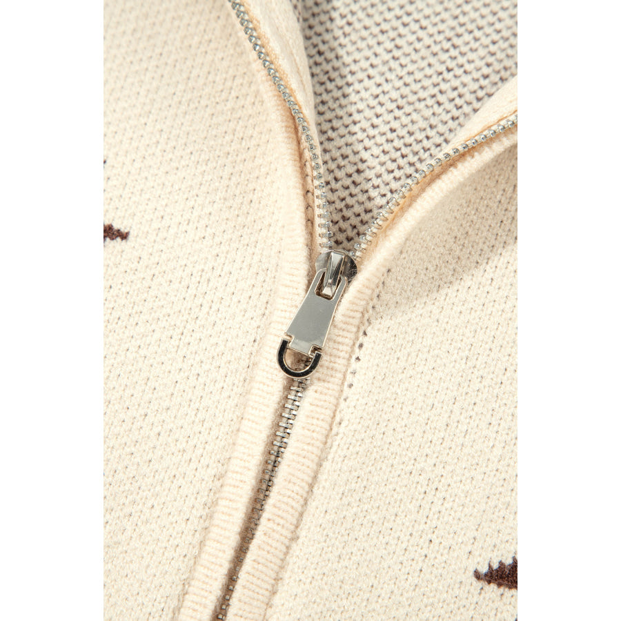 Beige Western Geometric Print Zip Front Loose Sweater Cardigan Sweaters & Cardigans/Cardigans