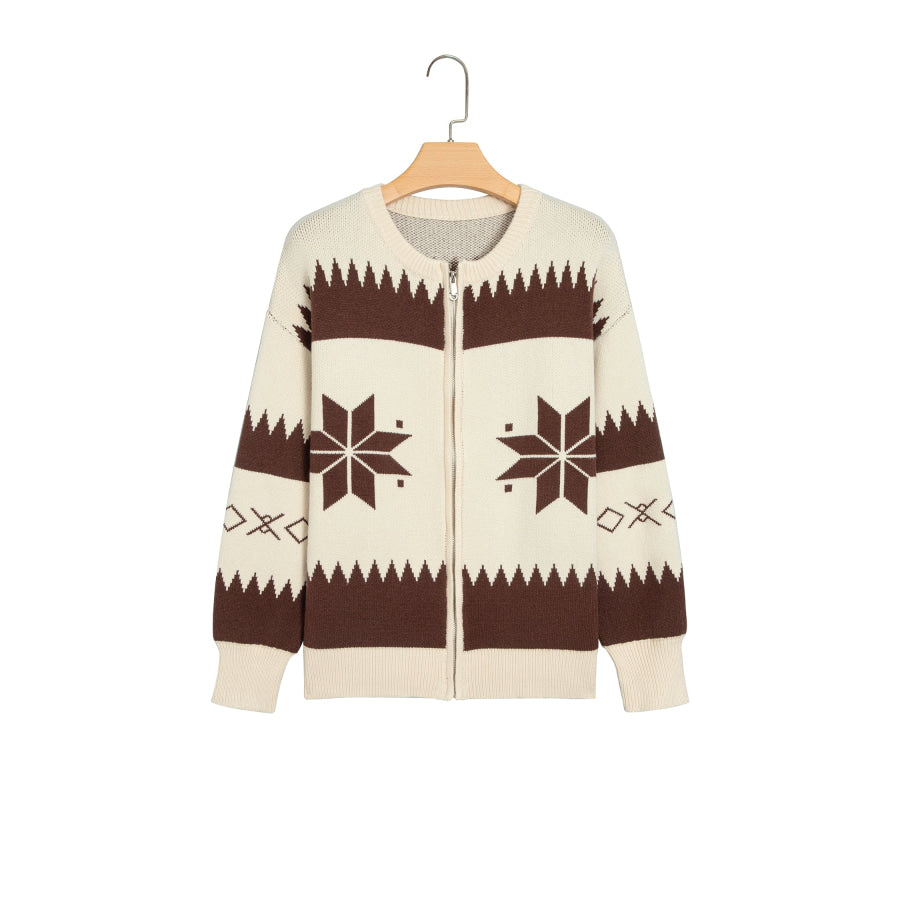Beige Western Geometric Print Zip Front Loose Sweater Cardigan Sweaters & Cardigans/Cardigans