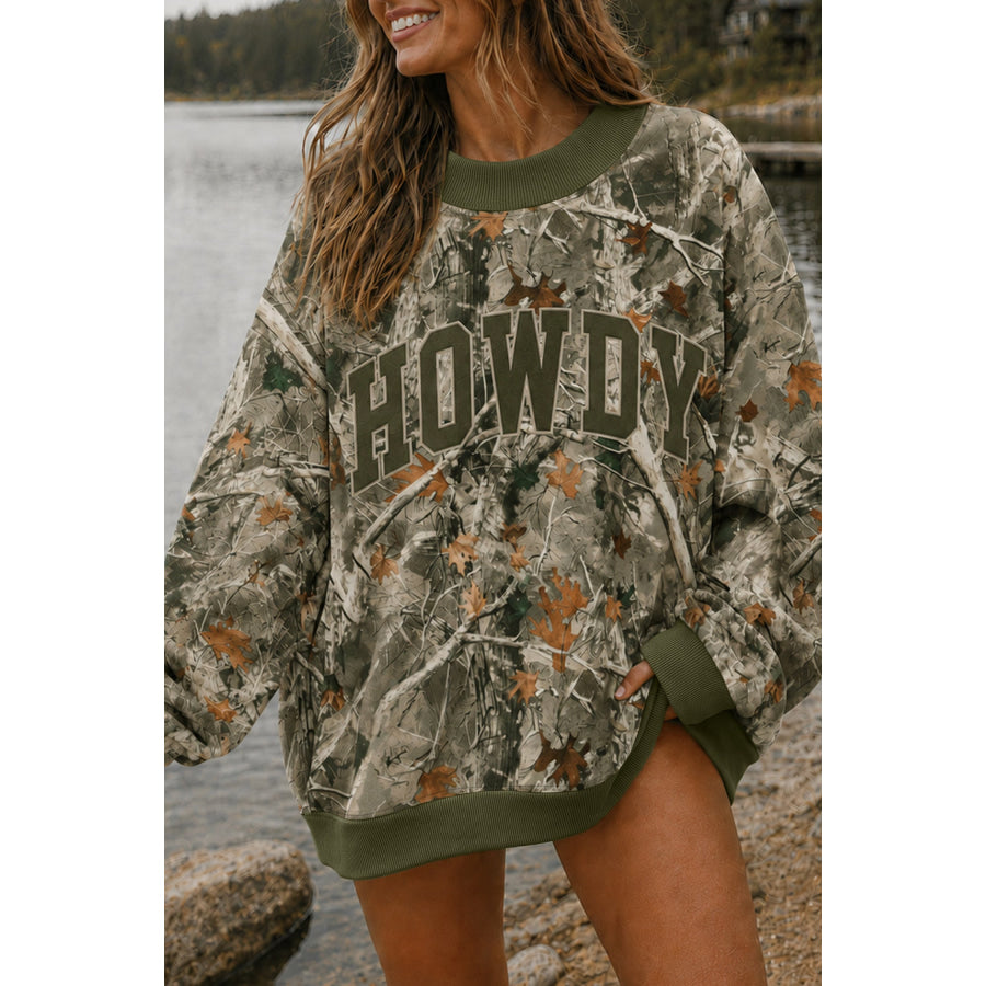 Beige Western Mallard Letter Print Baggy Pullover Sweatshirt Green / S Tops/Sweatshirts & Hoodies