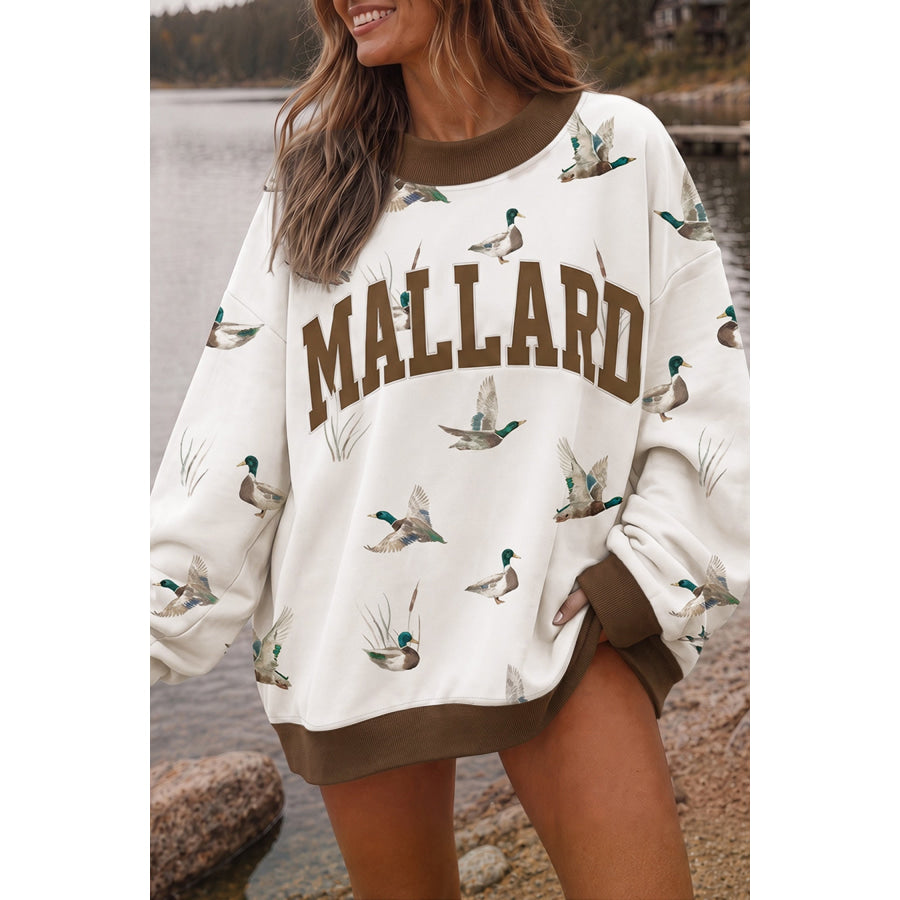 Beige Western Mallard Letter Print Baggy Pullover Sweatshirt / S Tops/Sweatshirts & Hoodies
