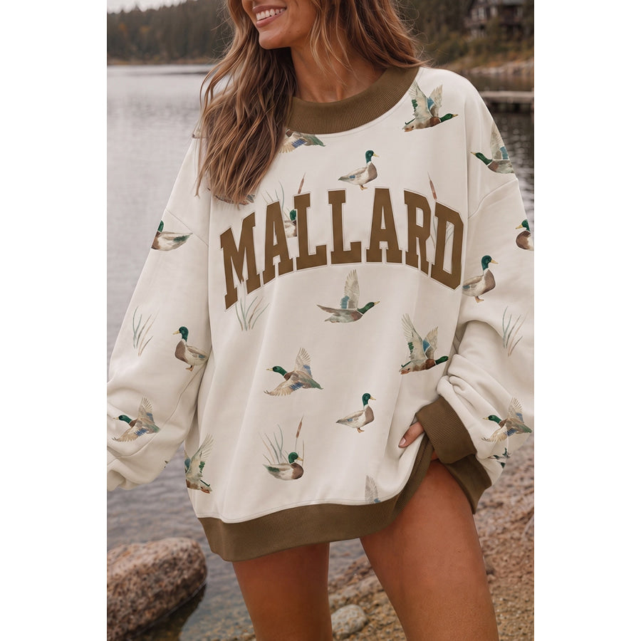 Beige Western Mallard Letter Print Baggy Pullover Sweatshirt Beige / S Tops/Sweatshirts & Hoodies
