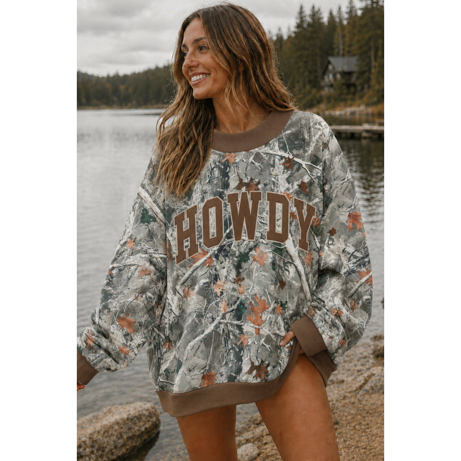 Beige Western Mallard Letter Print Baggy Pullover Sweatshirt Tops/Sweatshirts & Hoodies