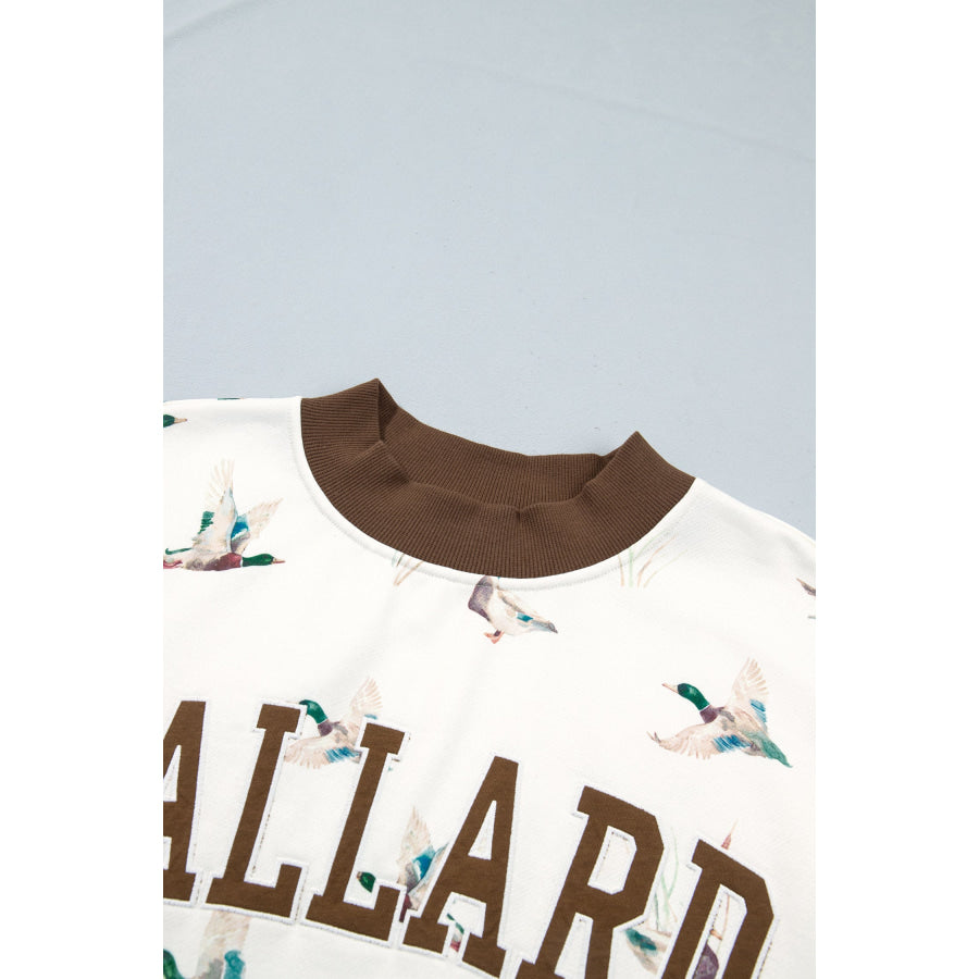 Beige Western Mallard Letter Print Baggy Pullover Sweatshirt Tops/Sweatshirts & Hoodies