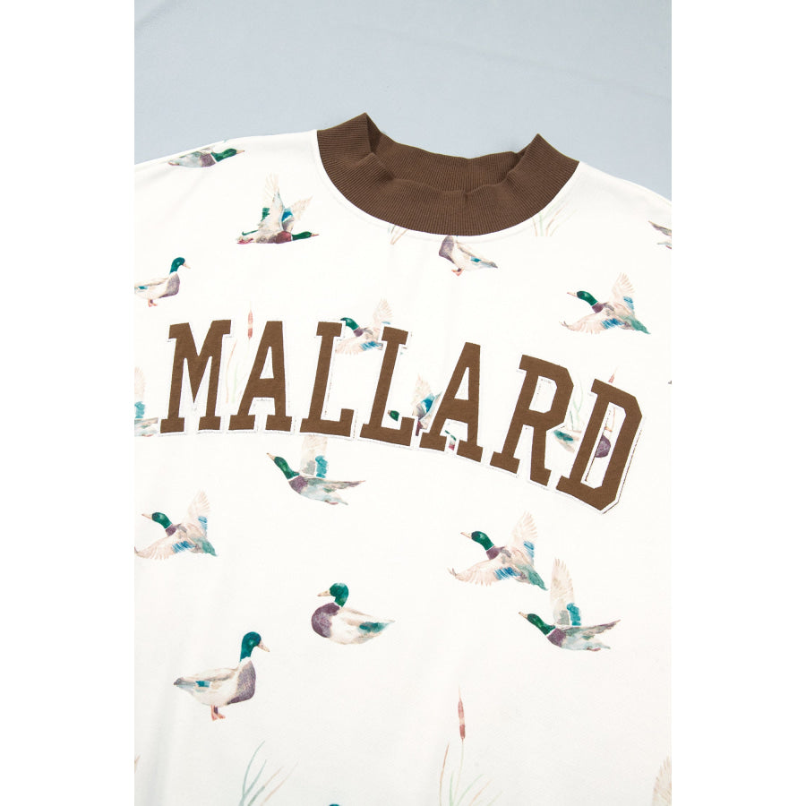 Beige Western Mallard Letter Print Baggy Pullover Sweatshirt Tops/Sweatshirts & Hoodies