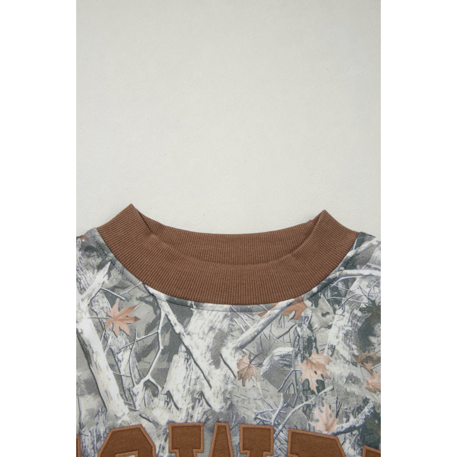 Beige Western Mallard Letter Print Baggy Pullover Sweatshirt Tops/Sweatshirts & Hoodies