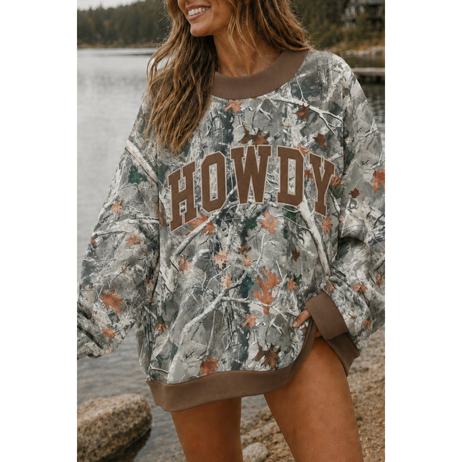 Beige Western Mallard Letter Print Baggy Pullover Sweatshirt Tops/Sweatshirts & Hoodies