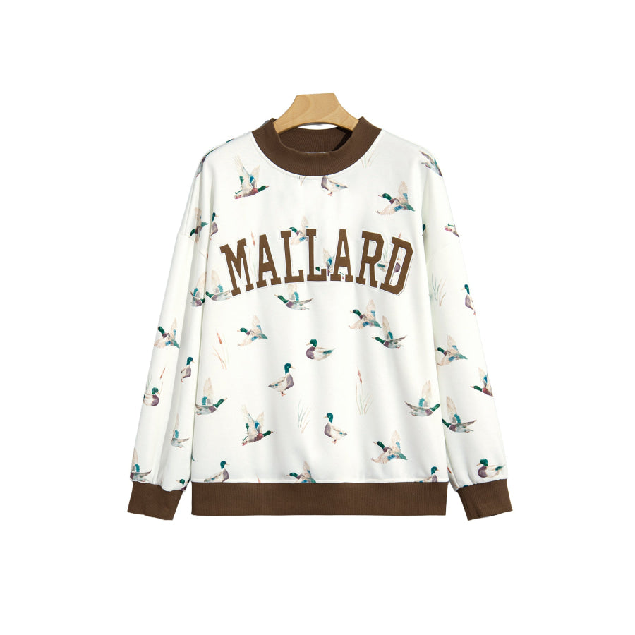 Beige Western Mallard Letter Print Baggy Pullover Sweatshirt Tops/Sweatshirts & Hoodies