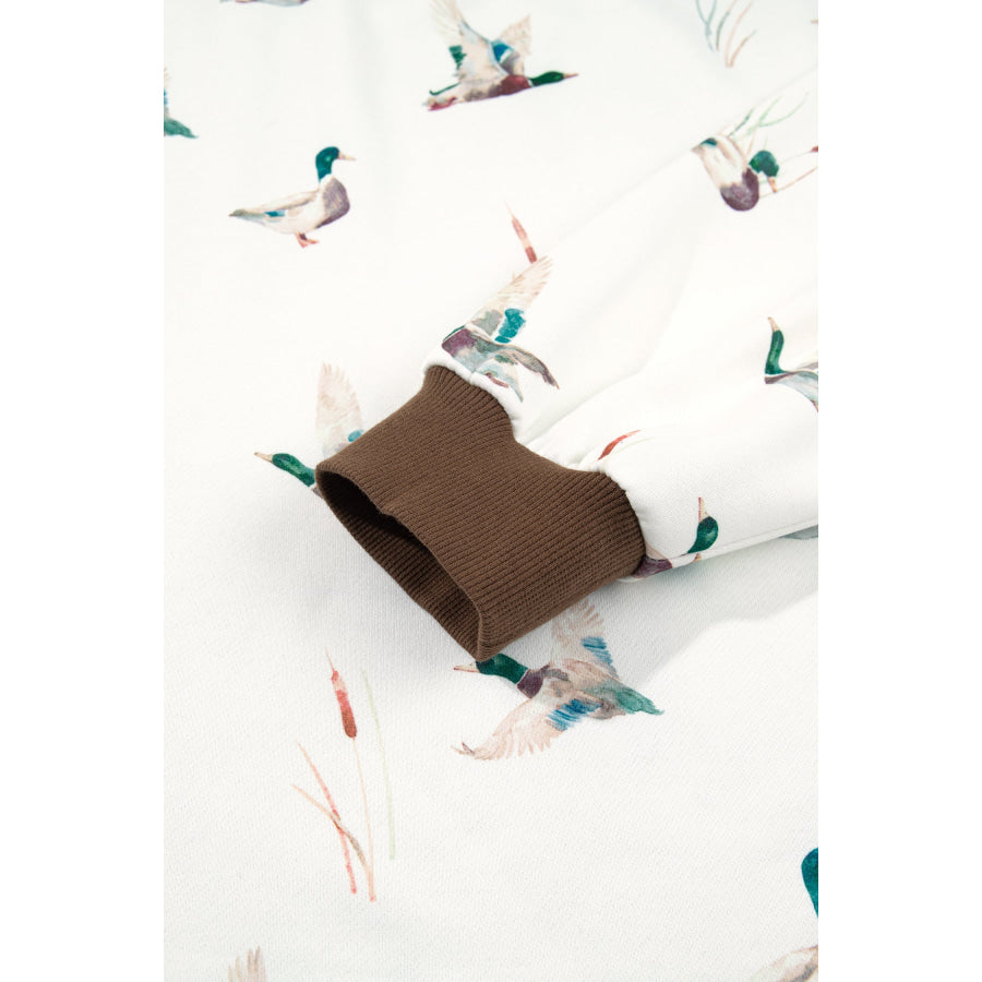 Beige Western Mallard Letter Print Baggy Pullover Sweatshirt Tops/Sweatshirts & Hoodies