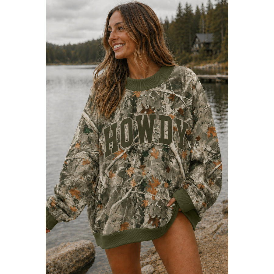 Beige Western Mallard Letter Print Baggy Pullover Sweatshirt Tops/Sweatshirts & Hoodies