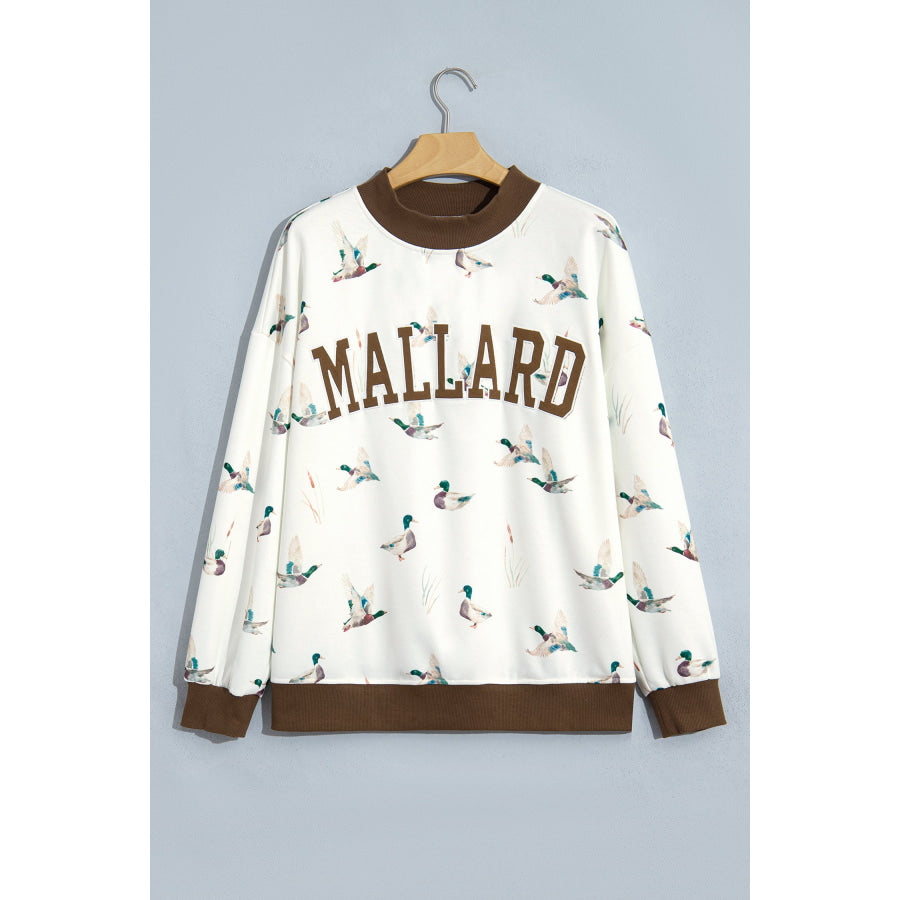 Beige Western Mallard Letter Print Baggy Pullover Sweatshirt Tops/Sweatshirts & Hoodies