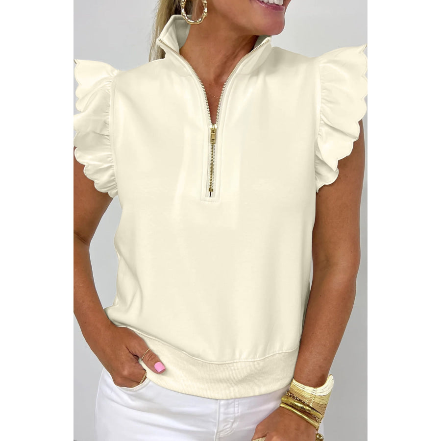 Beige Zipped up Collared Ruffled Short Sleeve Blouse Beige / S / 57% Cotton + 32% Polyester + 11% Elastane Tops/Blouses & Shirts