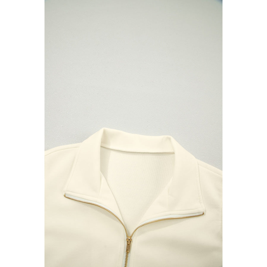 Beige Zipped up Collared Ruffled Short Sleeve Blouse Tops/Blouses & Shirts