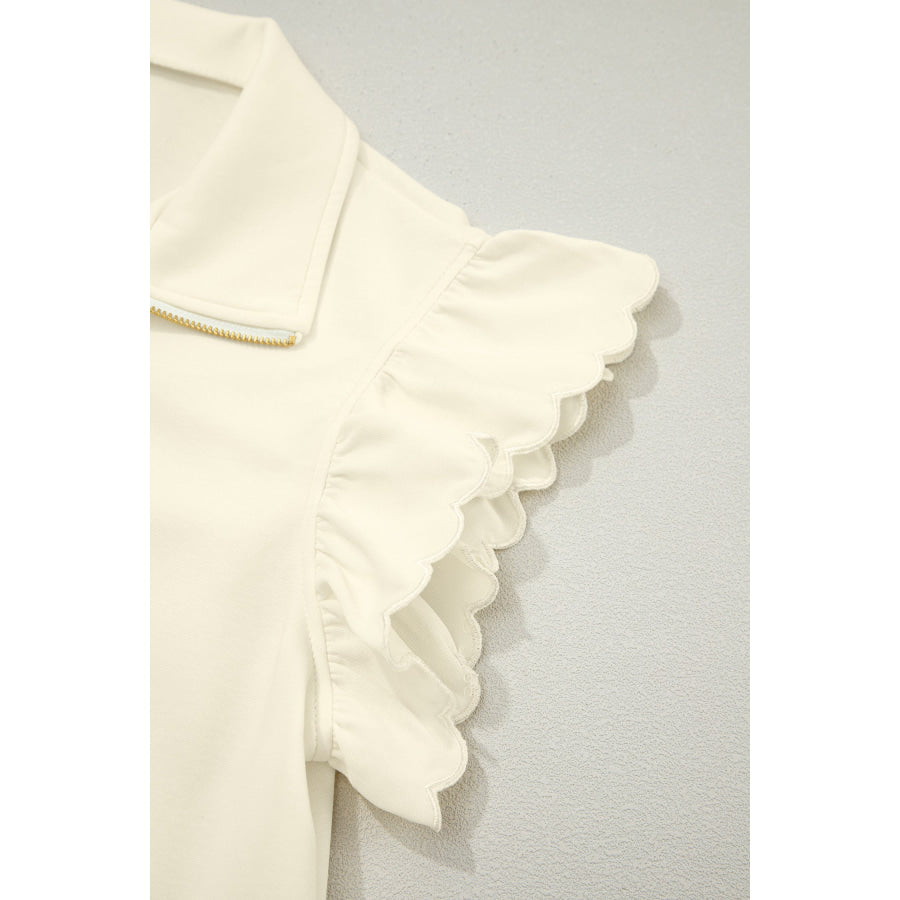 Beige Zipped up Collared Ruffled Short Sleeve Blouse Tops/Blouses & Shirts